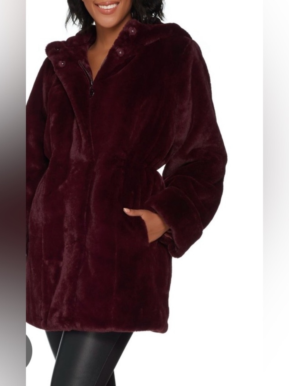 dennis basso Burgundy Faux Fur Hooded Jacket